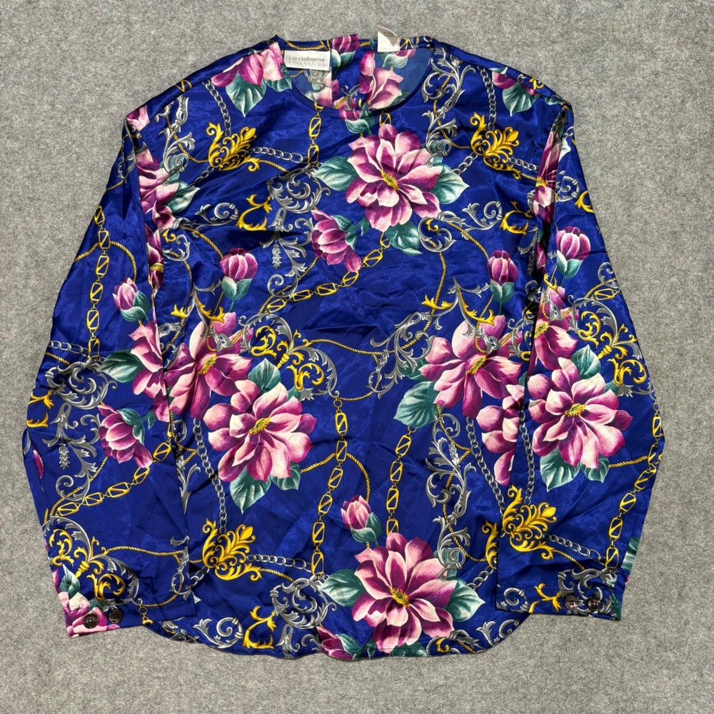 Liz Claiborne Collection Blue Floral Chain Print Satin Blouse Womens 8 Vintage